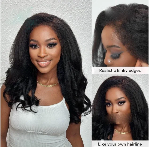 Natuurlijke Zwarte 26Inches Lange 180% Dichtheid Lijmloze Yaki Kinky Rechte Body Wave Kant Voor Pruik Voor Vrouwen BabyHair PrepluckedDaily