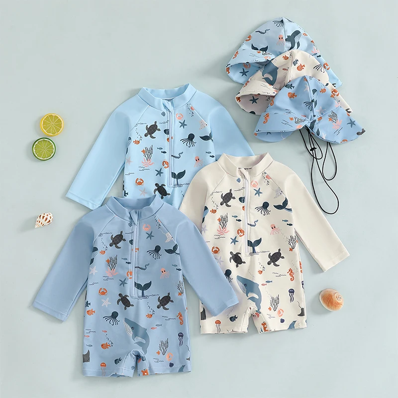 Kids Rash Guard Boys Beachwear Long Sleeve Swimwear Casual Marine Animal Print Zipper Swimsuit and Hat Bathing Suit