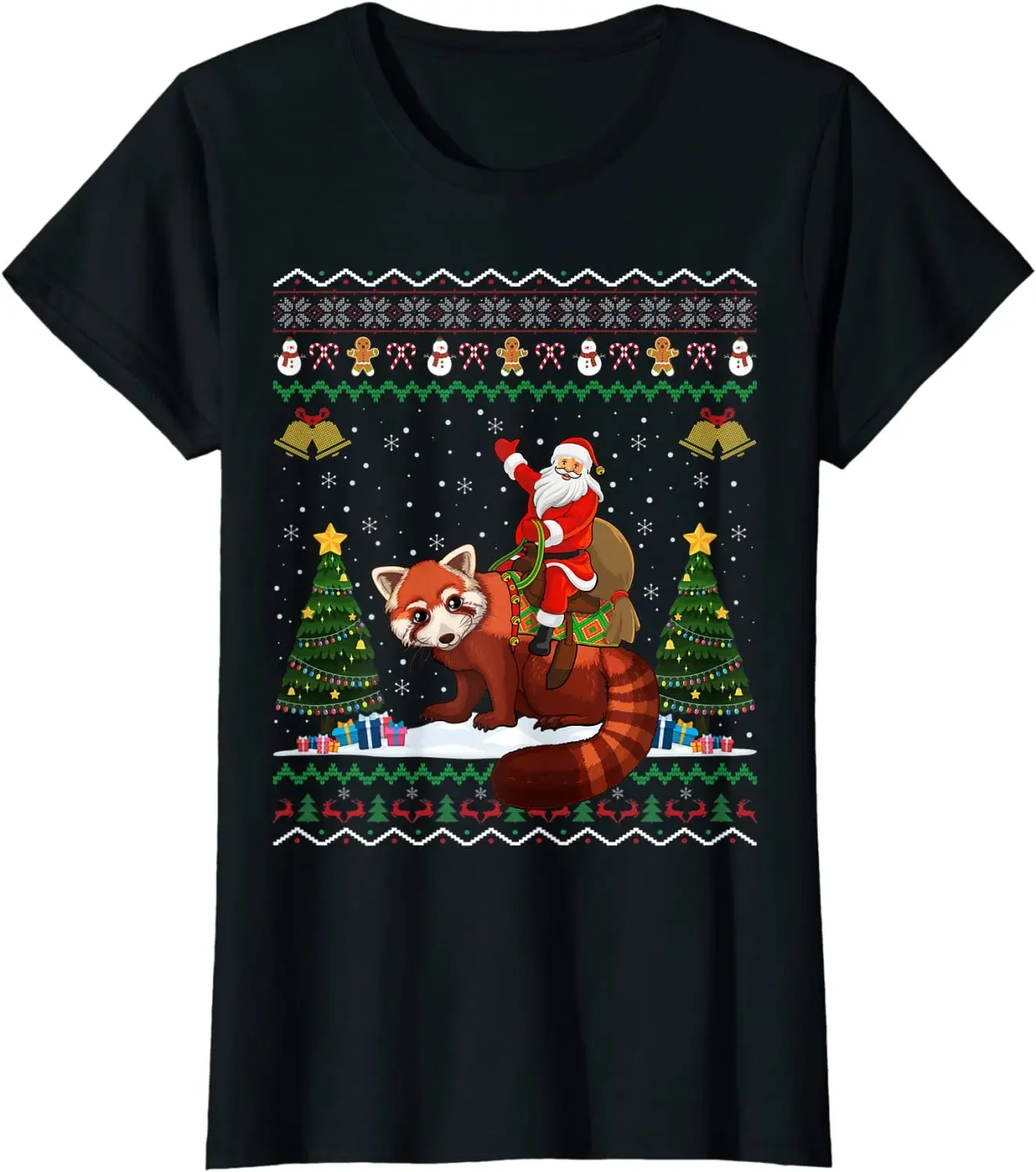 Santa Riding Red Panda Ugly Christmas Sweatshirt Xmas Gift Mens T-Shirt 100% Cotton O-Neck Short Sleeve Casual Unisex T-shirt