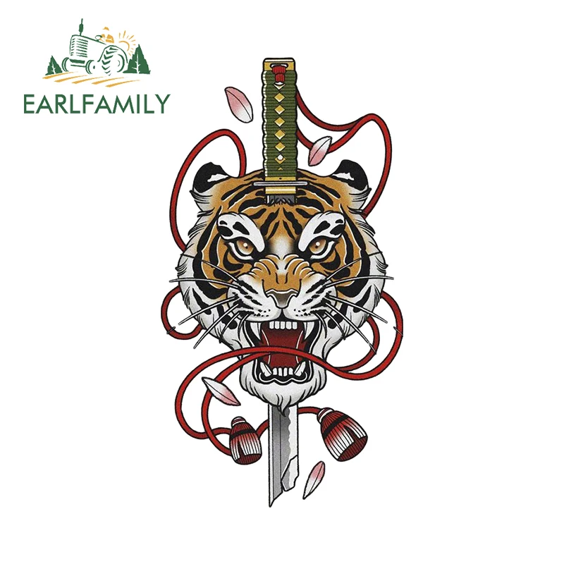 EARLFAMILY 13cm x 7cm Tiger Head Pierced By Knife Car Stickers Petal Ribbon Roaring Animals Decal Waterproof Windshield Decor