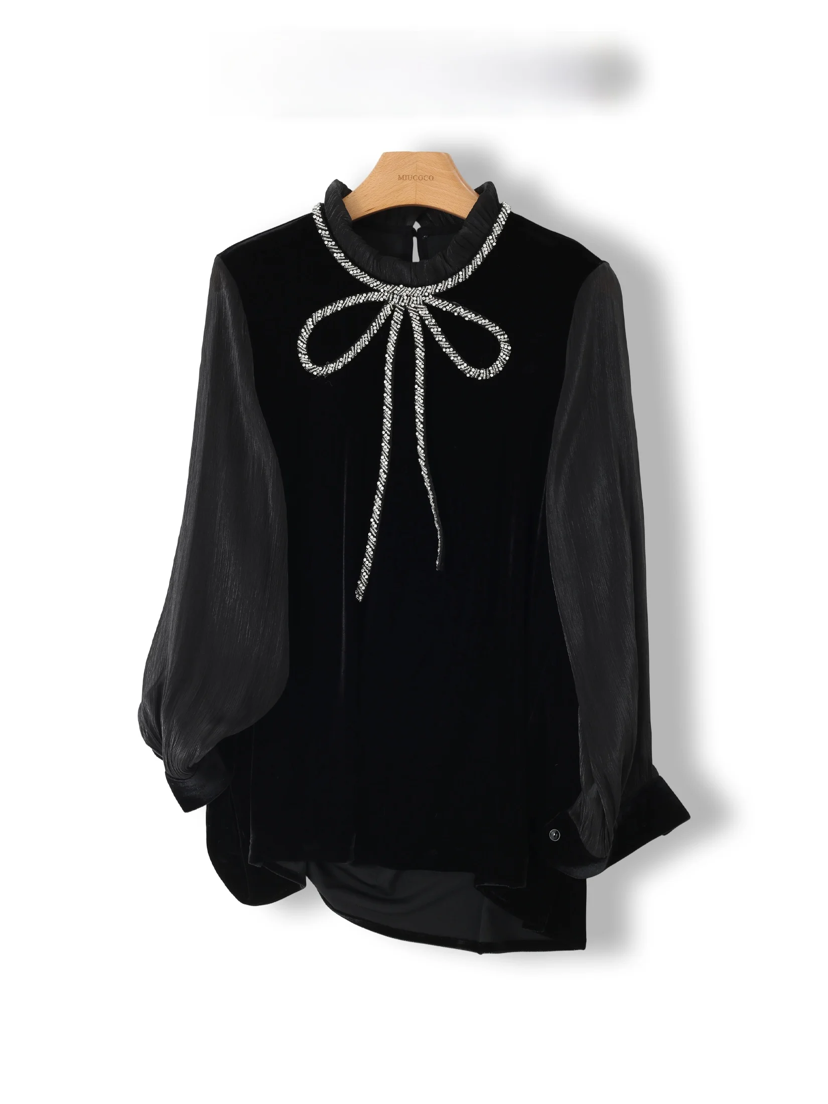 

Velvet Knot Stand Collar Mid-Length Shirt Glittering Diamond Heavy Embroidery Elegant Style Women's Fashion Shirt