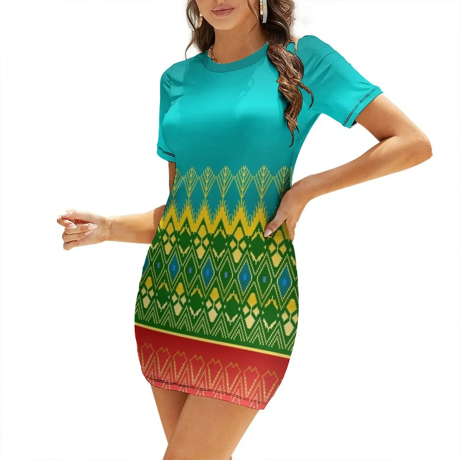 Thai Silk Teal Rose Thai Silk Design Teal Rose Gold Geometric Pattern Short-Sleeved Dress womens clothing bandage dress