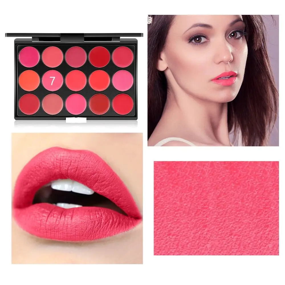 Paleta de lápiz labial mate de taza no pegajosa con espejo, hidratante resistente al agua, paleta de brillo de labios de 15 colores, esmalte de labios desnudo de belleza