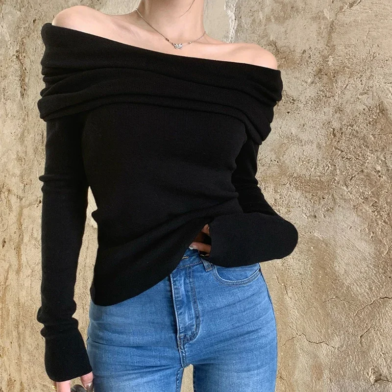 EVNISI Women Knit Slash Neck Slim Sweater Solid Office Pullovers Off Shoulder Long Sleeve Sweater For Women Autumn Winter 2023