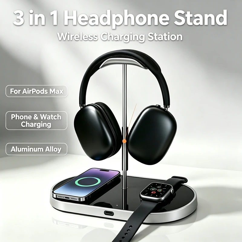 Auto Sleep Aluminum Alloy Headphone Stand 3‑in‑1 Wireless Charging Station for AirPods Max Phone Smart Watch Desktop Bracket