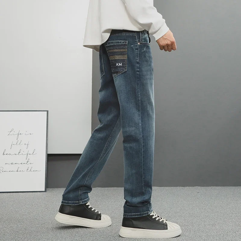 2026 Autumn New Jeans for Men, Elastic Slim Fit Straight Leg, Youthful Fashion, High-end Embroidered Men's Pants