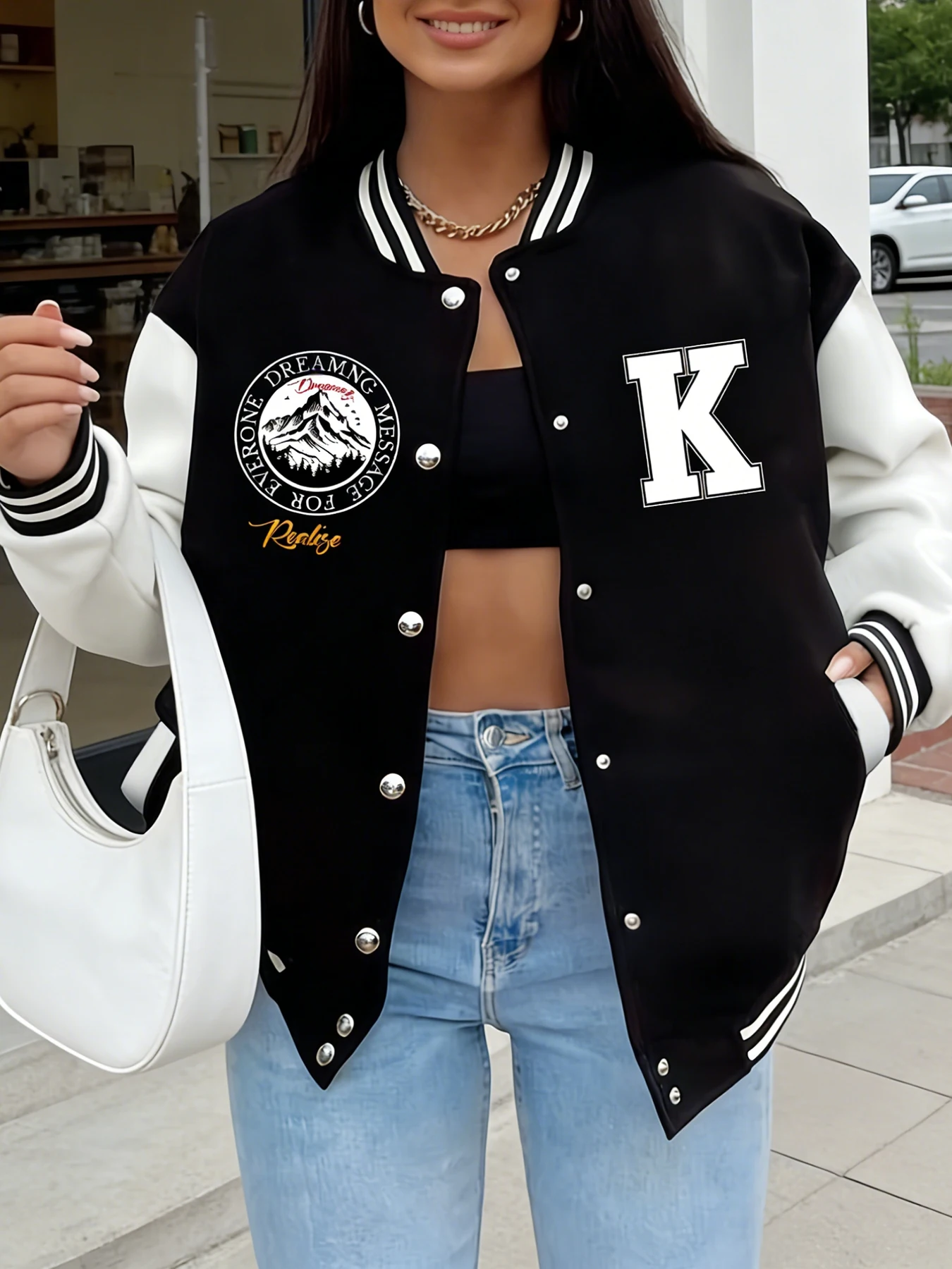 

Oversized Varsity Jacket Women "Dreaming" Mountain Print Casual Fashion Baseball Coat Street Style Outerwear Freece Clothing