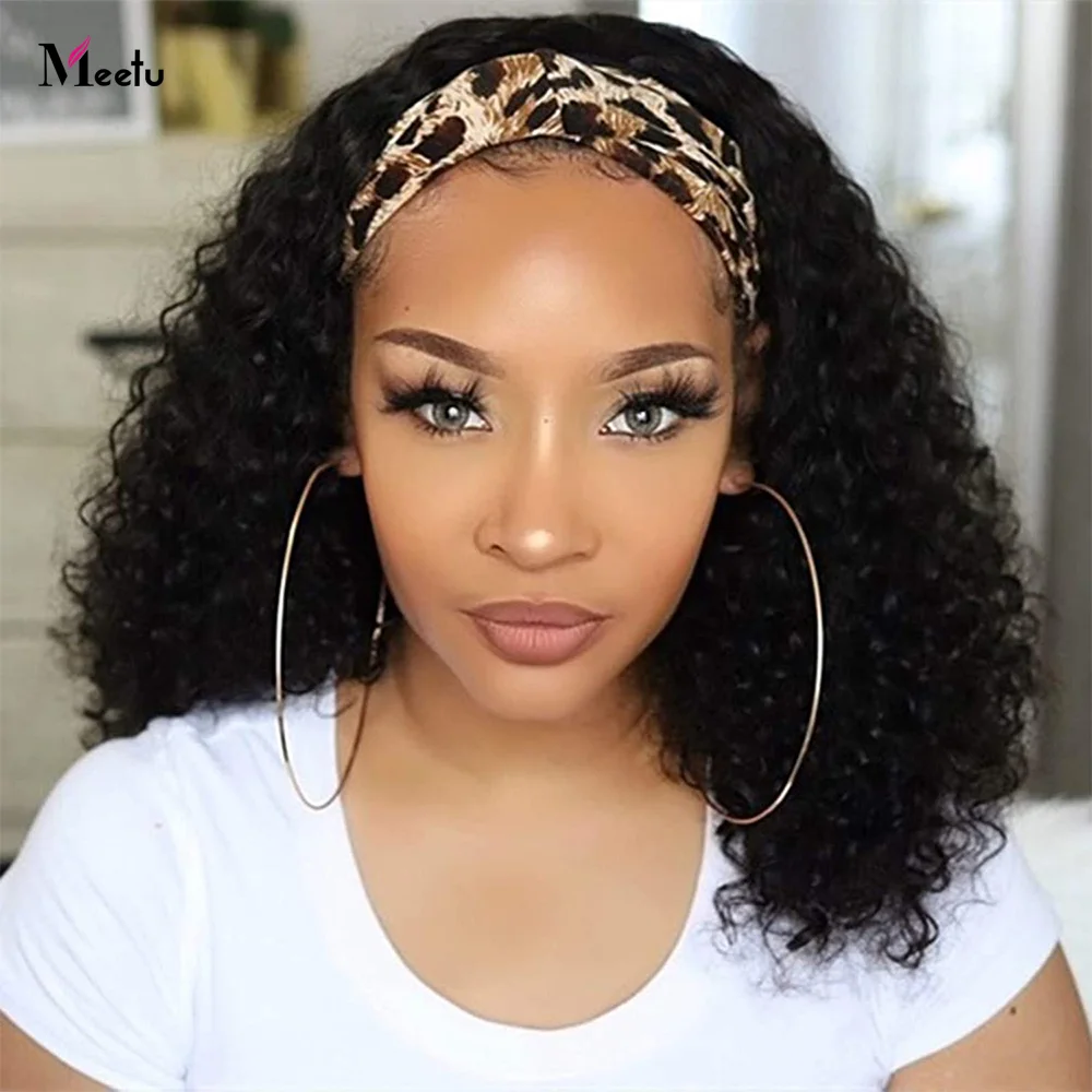 

Meetu Curly Headband Wig Human Hair Glueless Wig Grip Headband Scarf Wig No Sewin Brazilian Kinky Curly Wig for Women