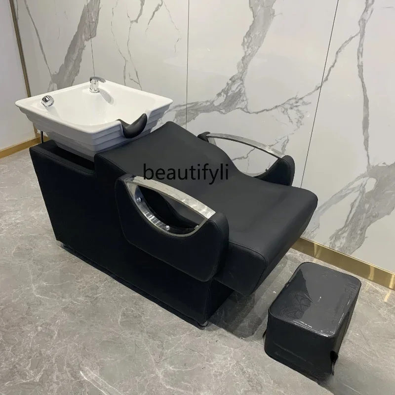 lx29Shampoo Chair Hair Saloon Dedicated Stainless Steel Hairdressing Flushing Bed Half Lying Salon Bed Ceramic Basin