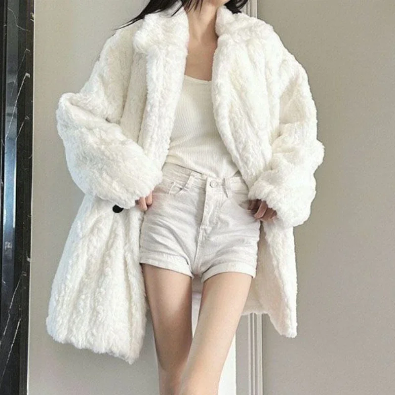 2024 Winter New Women Korean Style Faux Lamb Plush Fur Coat Female Fashion High-End Mid-Length Fleece-Lined Thick Casual Outwear