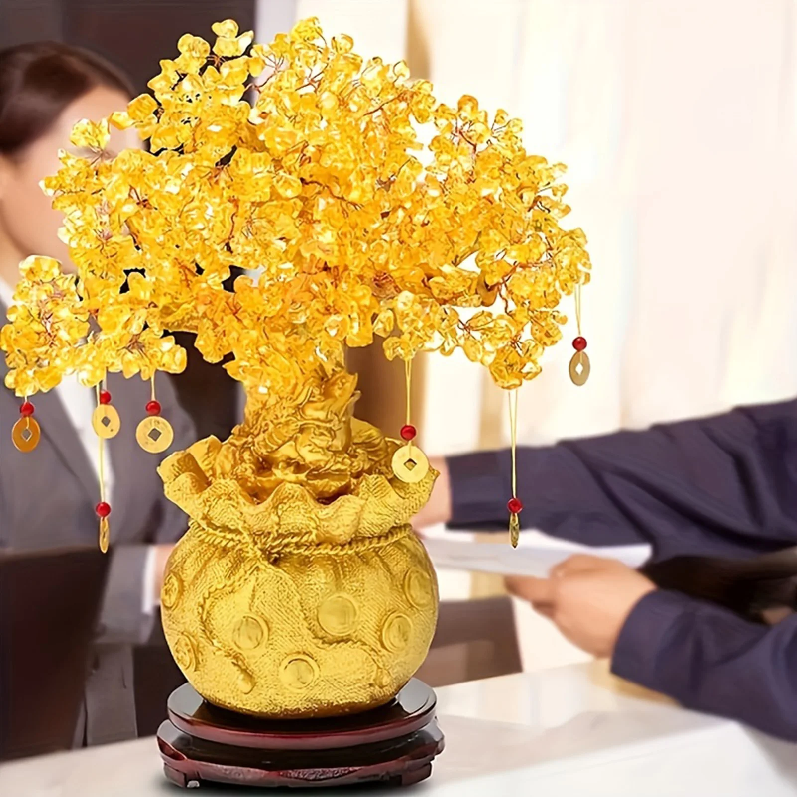 Bonsai Style Crystal Money Tree Shiny Looking with Traditional Chinese Coin Design Suitable for Housewarming Gifts