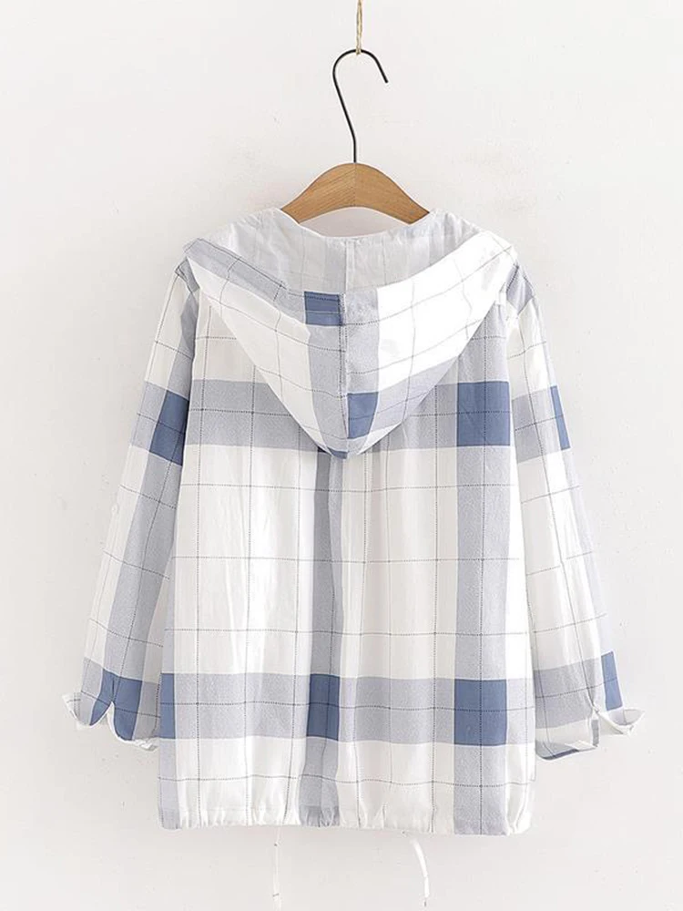 Jmprs Japan Preppy Style Women Shirts Fashion Bow Lace Up Student Hooded Top Plaid Blue White Female Elegant blouse