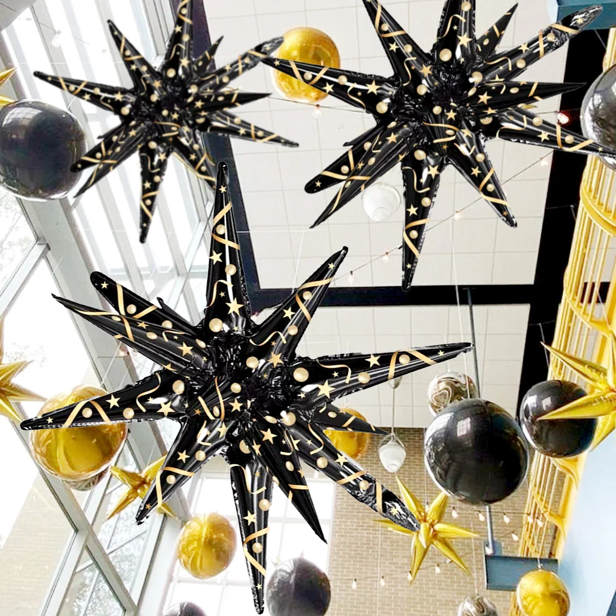 2/4 قطع من بالونات النجوم المتفجرة باللونين الأسود والذهبي، بالونات مخروطية متفجرة، نمط شريط ترتر ذهبي، ديكور السنة الجديدة "2026" #1
