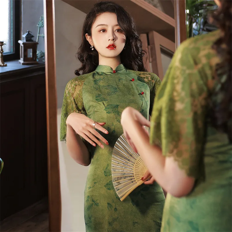 

2024 Chinese Qipao Hanfu Dress Costume Short Sleeve Cheongsam Green Clothes Women Sexy Carnival Party Outfits