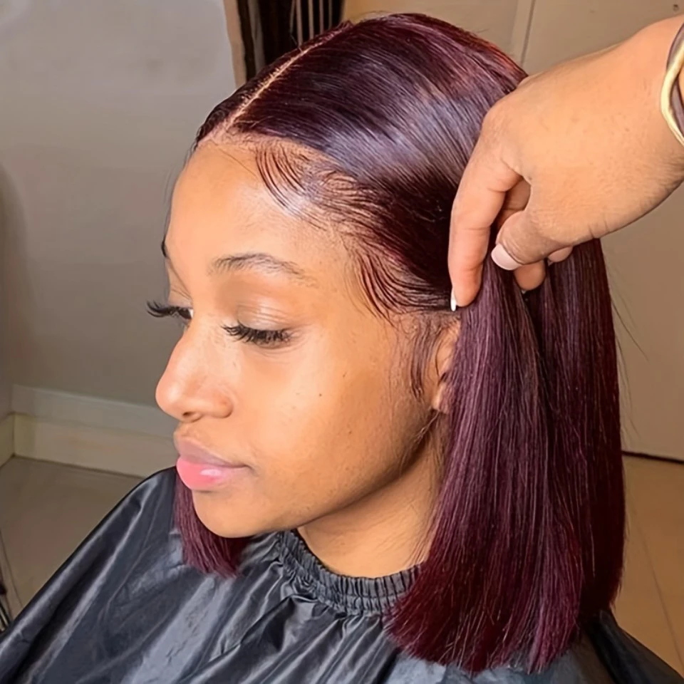 

Short Bob Wig Real Burgundy Human Hair Pre-Plucked 13*4 Lace Front 99J Color