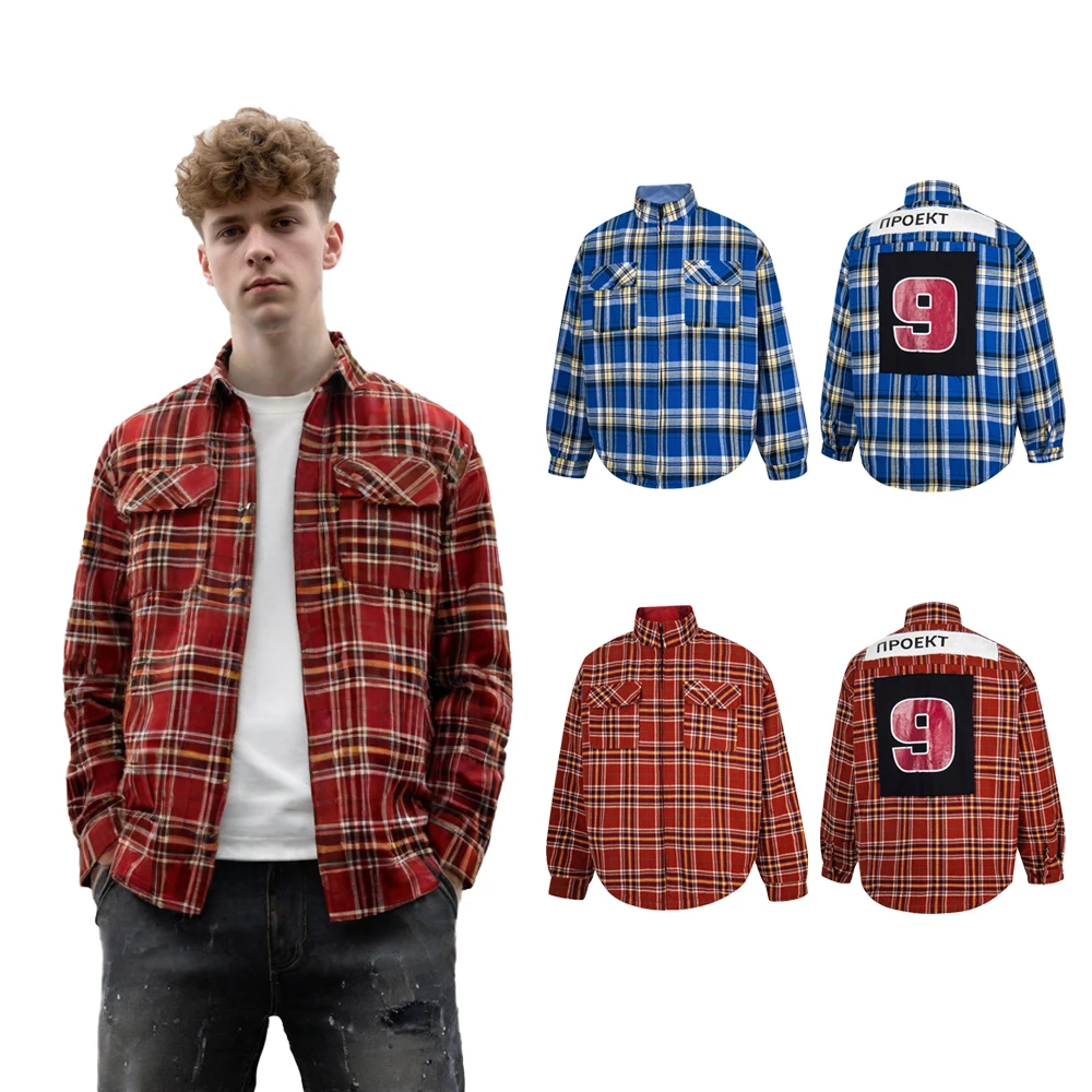 

Vintage Clothing Men Plaid Zipper Blouse Jackets HipHop Street Style Retro Casual Cotton Streetwear Embroidered Patch Work Coats
