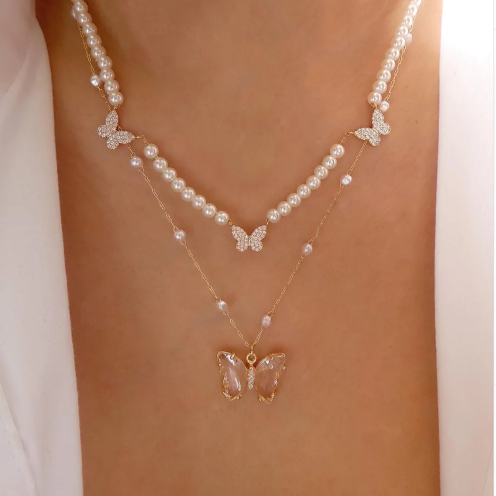 Vintage Multilevel Artificial Pearl Chain Transparent Crystal Pendant Necklace For Women Girls Fashion Gold-plate Trend Jewelry