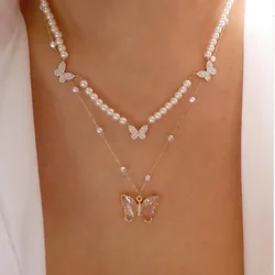 Vintage Multilevel Artificial Pearl Chain Transparent Crystal Pendant Necklace For Women Girls Fashion Gold-plate Trend Jewelry