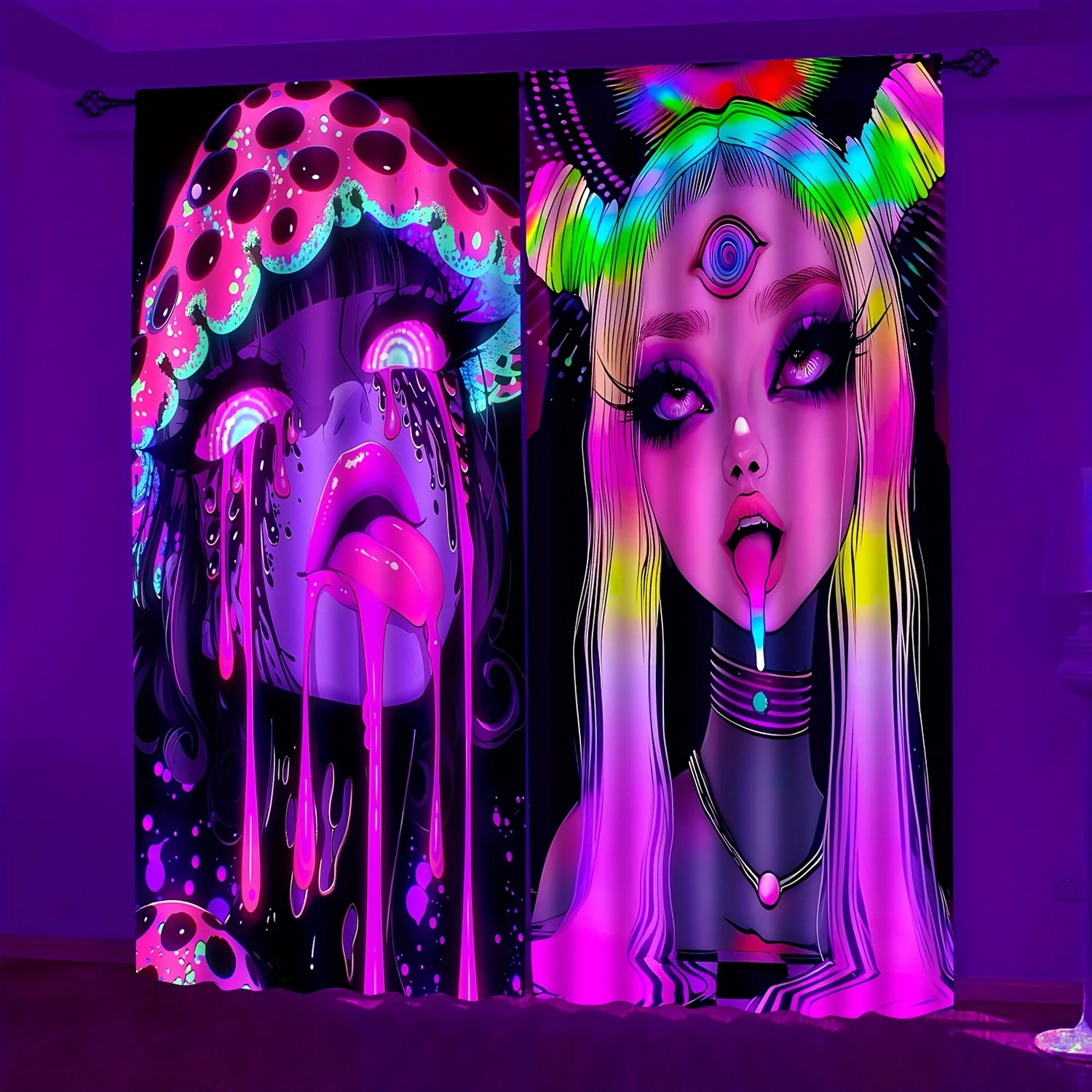 

Neon Gothic Curtains with Psychedelic Girl and Mushroom Face UV Reactive Art Window Drapes for Dark Room Party Vibe Decor