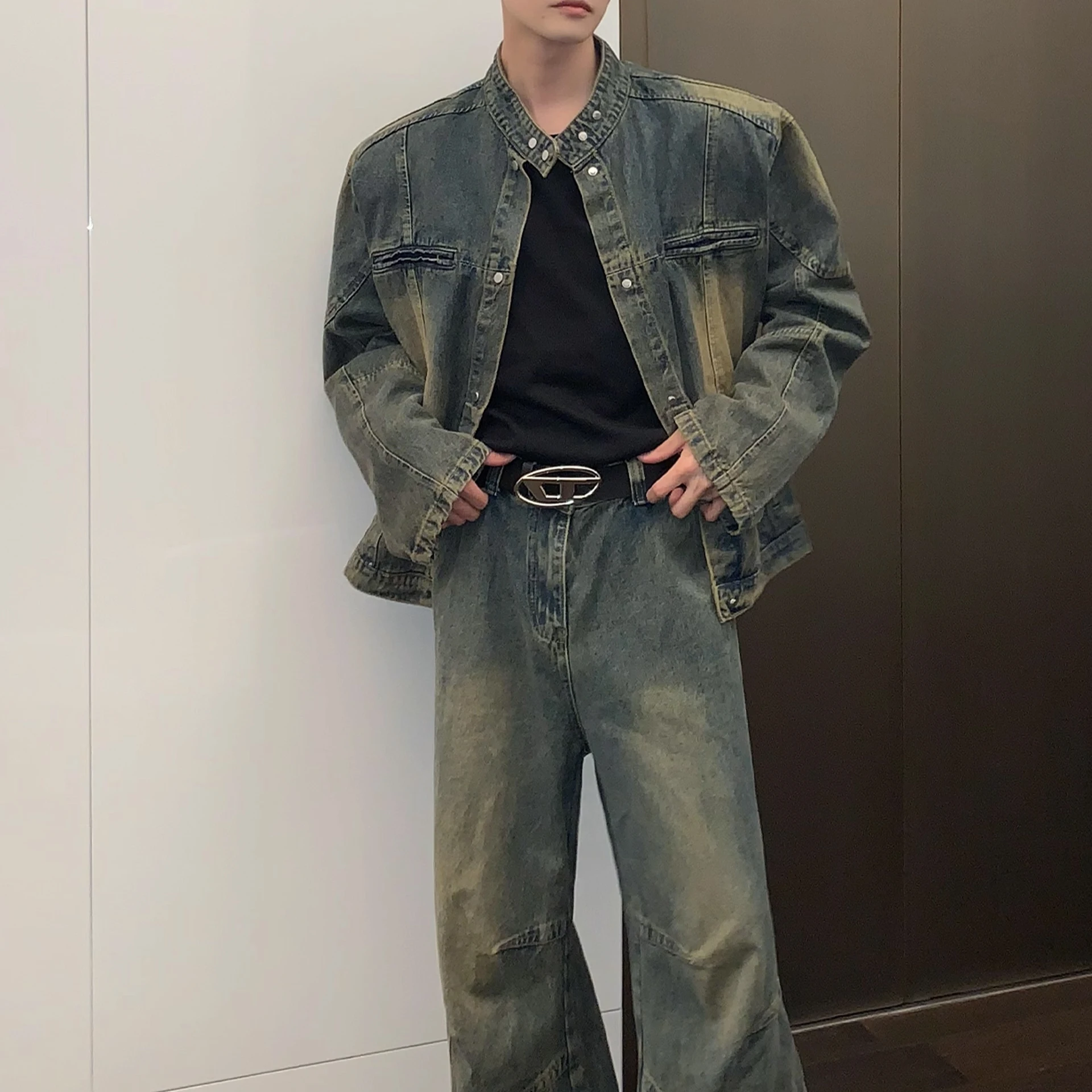 

Оригинальная американская винтажная мужская джинсовая куртка свободного кроя с воротником-стойкой, модный брендовый дизайн, для весны, осени и зимы