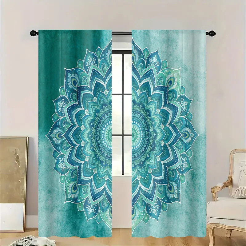Bohemian Mandala Print Window Curtains Teal Aqua Watercolor Pattern Light Filtering Curtains for Bathroom Shower Room Decor Home