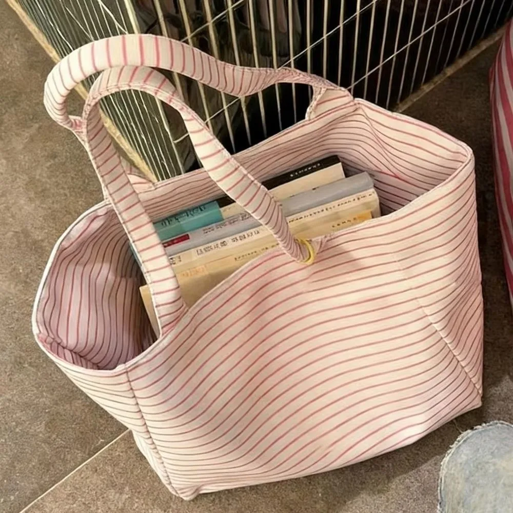 Simple Large Capacity Canvas Tote Bag Thin Thick Striped Lightweight Shoulder Bag Reversible Pink Handbag Casual