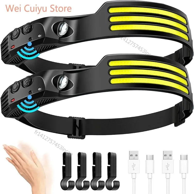 Linterna frontal LED COB, lámpara de cabeza de inducción con batería integrada, linterna de cabeza recargable por USB, faro con Sensor para pesca y acampada al aire libre