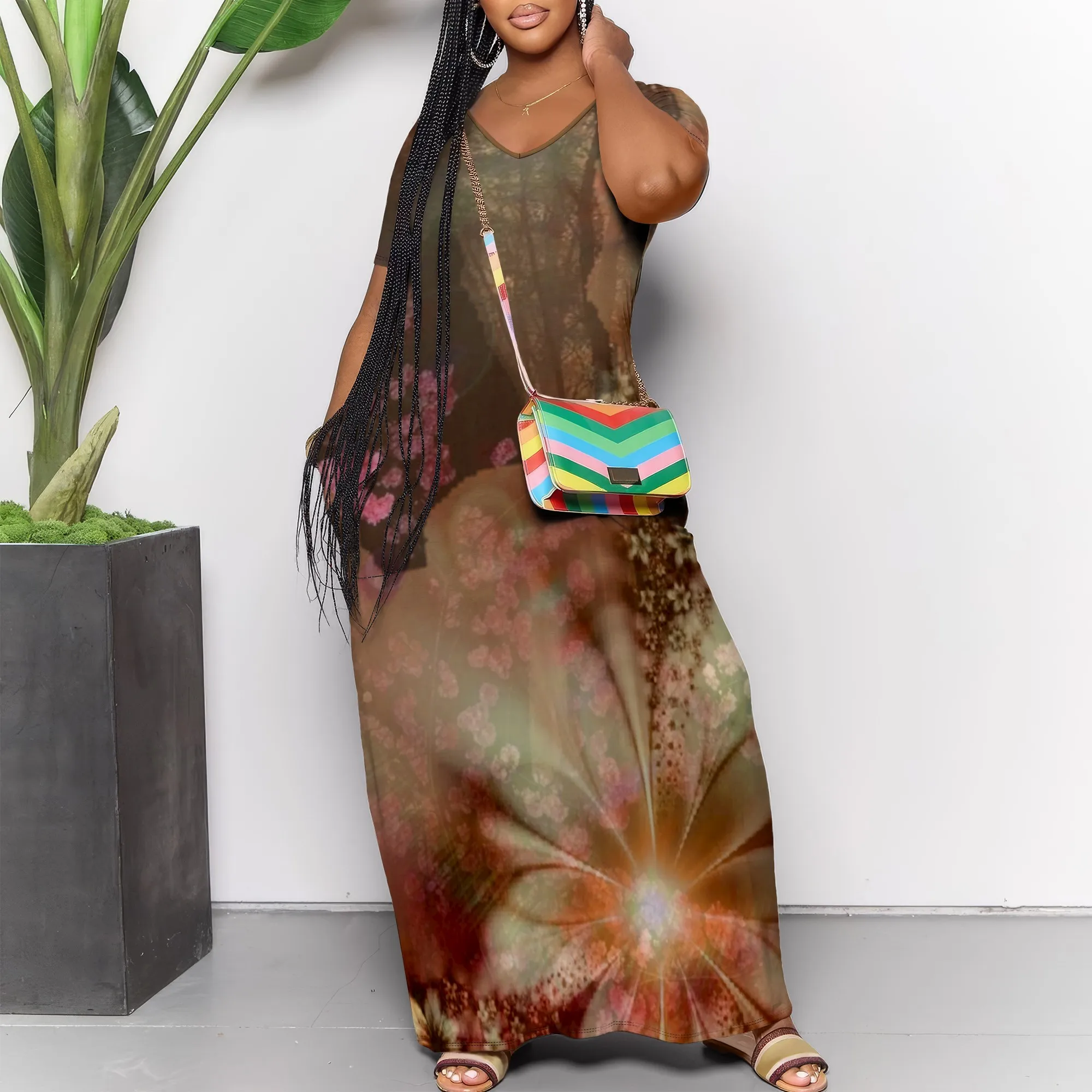 

Short sleeve V-neck loose maxi dress XS-3XL