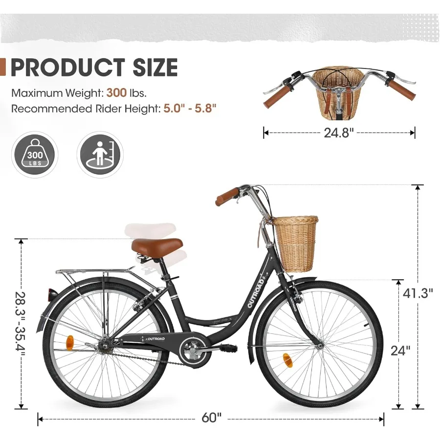 24 26 دراجة كروزر الشاطئ للنساء والرجال دراجة المدينة المريحة مع سلة أمامية للتخزين الخلفي ارتفاع المقعد القابل للتعديل قوي HighCa