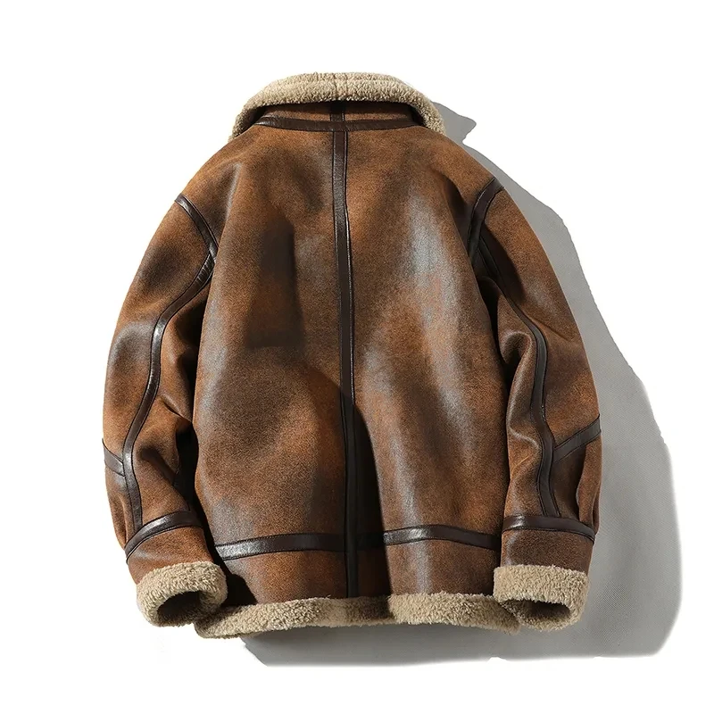 Fur Men's Autumn Winter Thicken Pu Leather Lamb Wool Jacket Plus Velvet Fashion Warm Khaki Patchwork PU Jacket