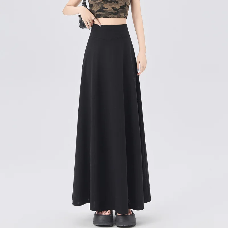 Harajuku Dark Gray High Waist A-line Maxi Skirt Casual Flowy Knit Long Skirt For Women Korean Minimalist Preppy Midi Skirts