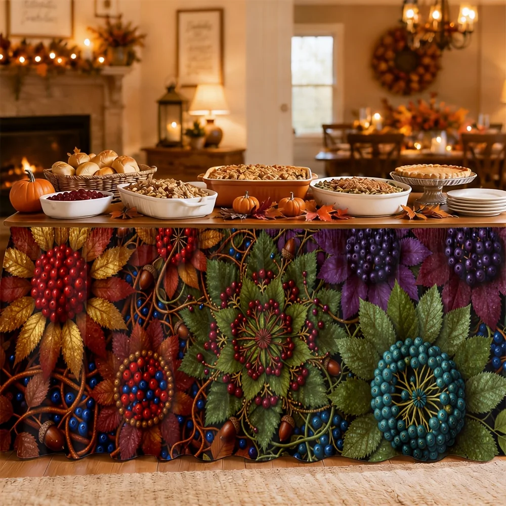 One table skirt - Floral Mandala Print Table Skirt - Polyester Bohemian Style - Bright Textured Plants