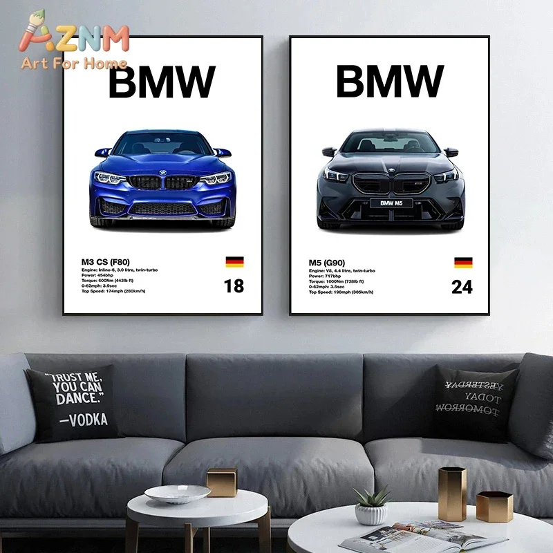 AZNM BMW Sport Car Canvas Wall Art Retro Luxury Vehicle Poster Unframed Canvas Print for Boys Room Garage Home Decor