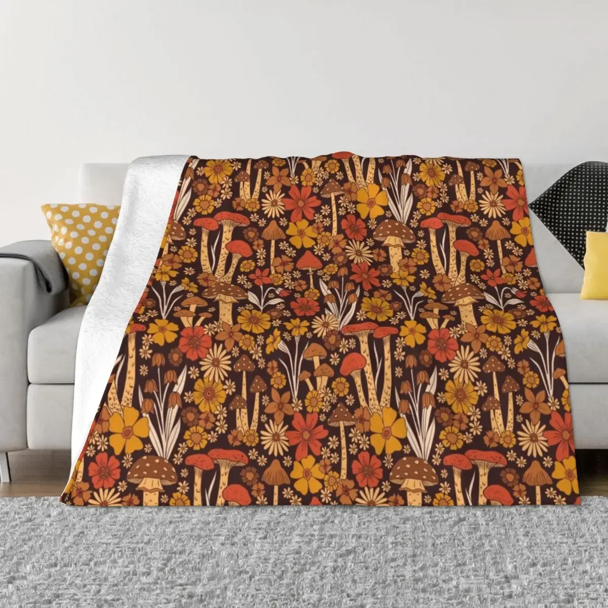 

Retro 1970s Brown & Orange Mushrooms & Flowers Throw Blanket cosplay anime Luxury Designer Soft Beds Blankets