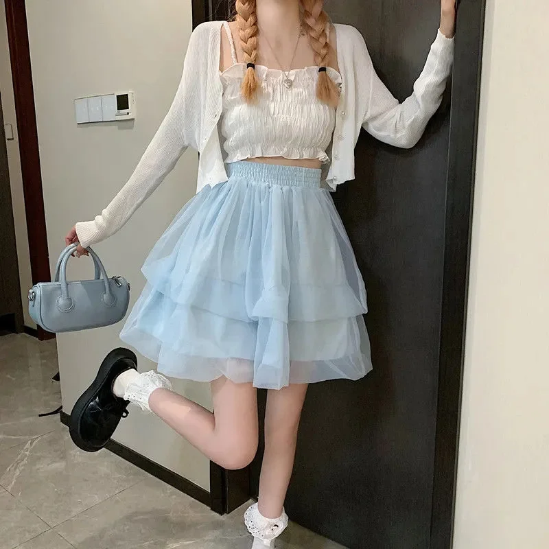 تنورة صغيرة لطيف مثير Balletcore مرونة عالية الخصر الكرة ثوب كشكش المرقعة لوليتا تنورة قصيرة الكورية الحلو Y2K النساء الملابس
