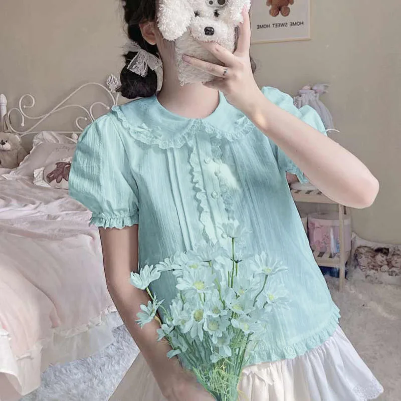 

Doll Collar Short Sleeve Women Summer Shirt Lolita Bow Loose Appear Thin Ruffles Solid Color Single-breasted Office Lady Tops