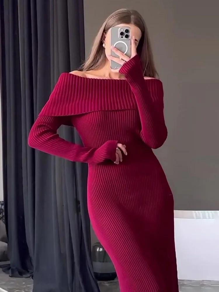 TARUXY Sexy One-shoulder Knitted Dress Women\'s Long-sleeved Elegant Slim Maxi Sweater Dress Autumn Winter Solid Color 2024 New