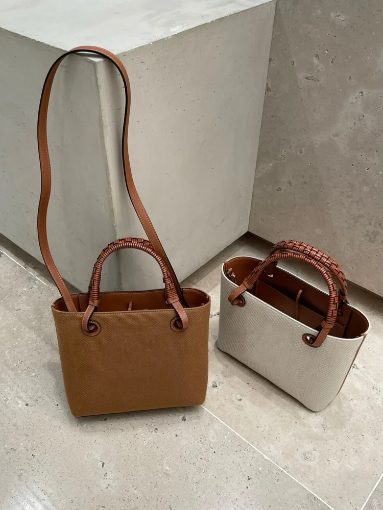 

Wicker Woven Handle Tote Bag Leather Patchwork Canvas Shopper Bag New Arrival Brown Handbag Versatile Double Strap Crossbody Bag