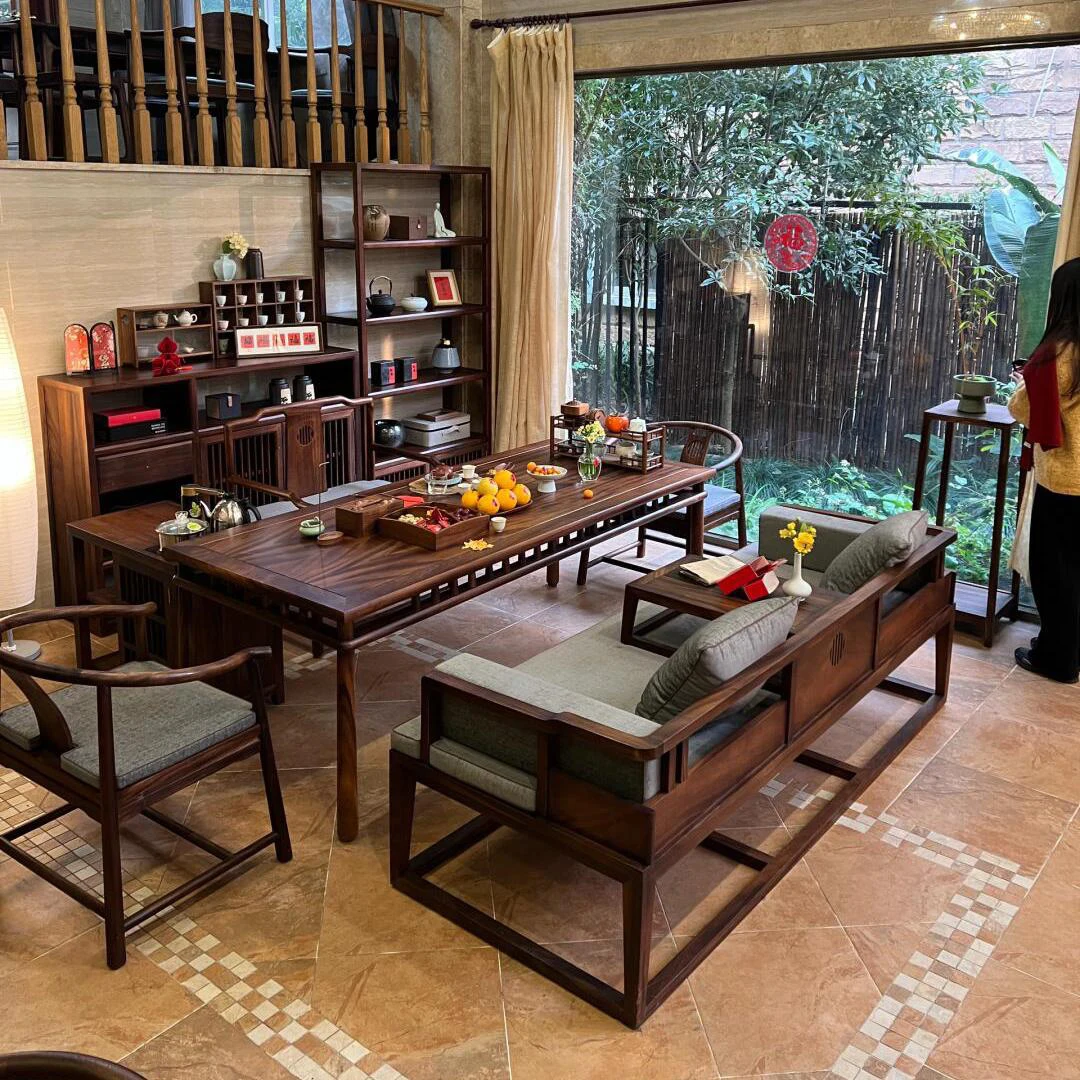 

New Chinese-style solid wood sofa combination simple modern living room furniture black walnut zen solid wood Arhat bed sofa