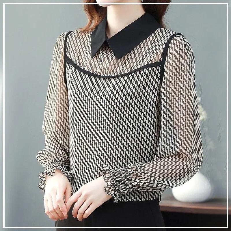 

Senior Fashion Neat Simplicity Comfort Commute Temperament Printing Drape Loose Skin Friendly Women's Chiffon Shirt Summer XQ731
