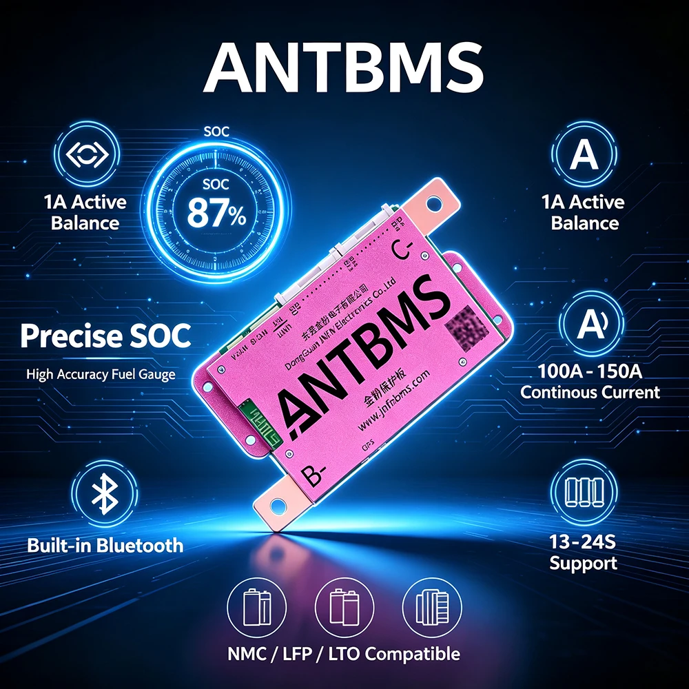 ANT BMS 1A Active Balance Smart BMS 13S~24S 48V/60V/72V LiFePO4 Li-Ion LTO 100A 120A 150A Battery Pack  built-in Bluetooth