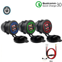 12V-24V QC3.0 Dual USB Car Charger with Panel Waterproof Power Adapter With Switch Socket Outlet for Vehicle Boat Motorcycle