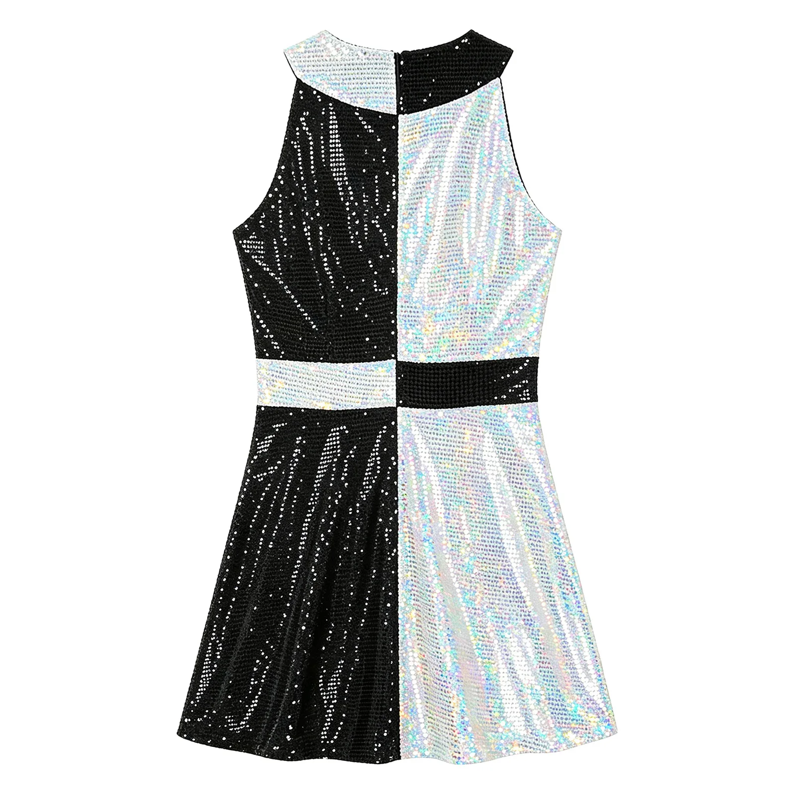 Women Ball Party Outfit Jazz Dance Cheerleader Costume Adults Sleeveless Sequin Retro Dress for Masquerade 60s Disco Dress