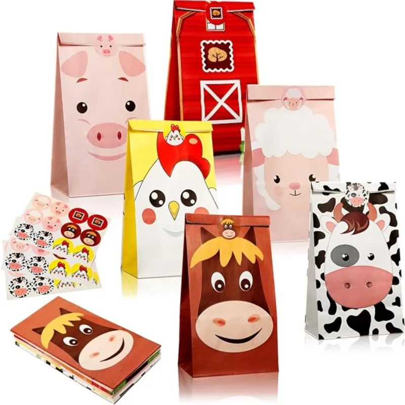 

1set Farm Animal Party Candy Favors Bags Farm Themed Birthday Party Supplies Gift Packaging Bag Treat Goody Kraft Paper Bags