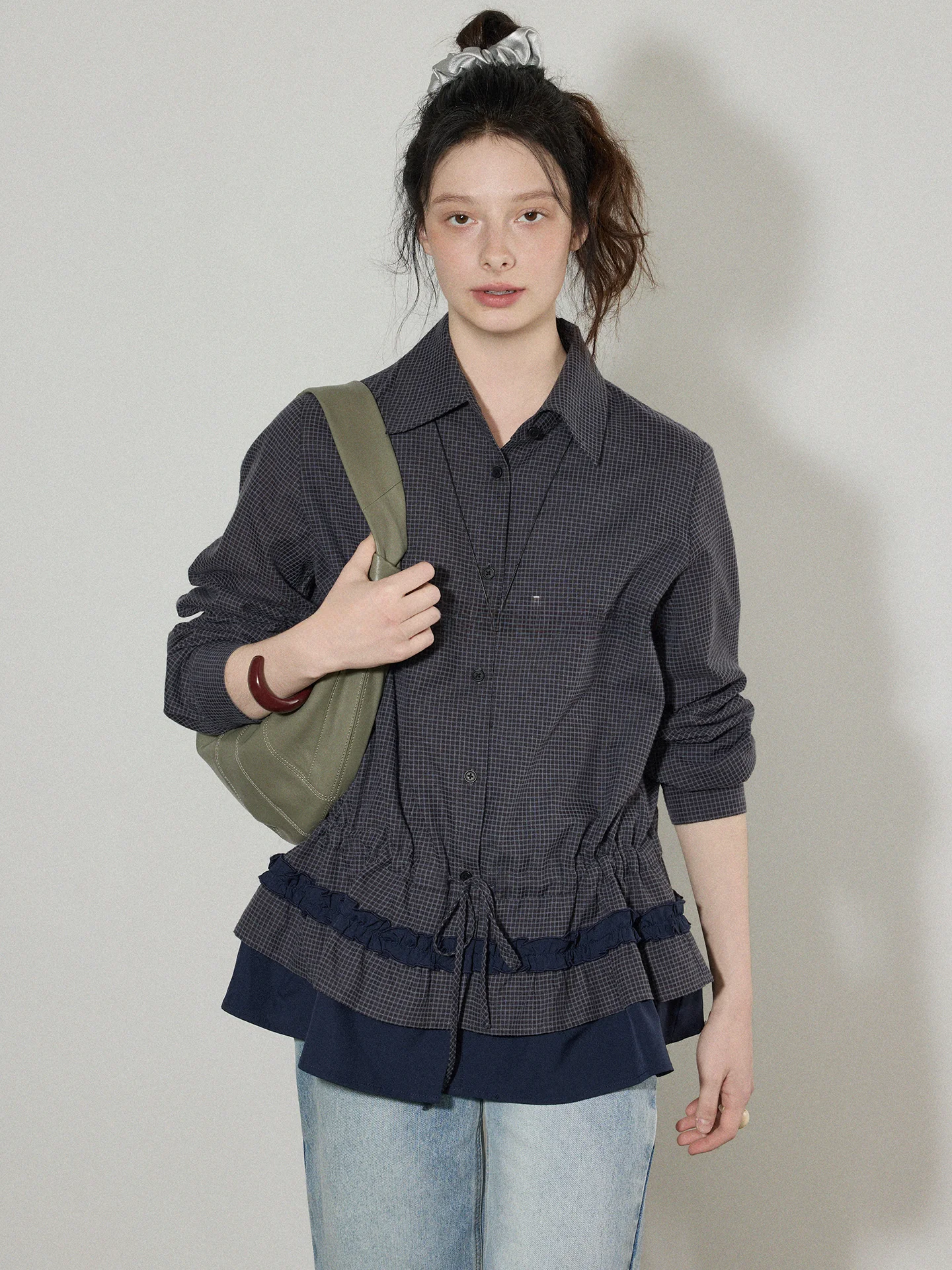 

Lofi Choose Vintage Contrast Color Plaid Waist-Cinching Long Sve irt Women's Spring New Loose Top with Lace Trim