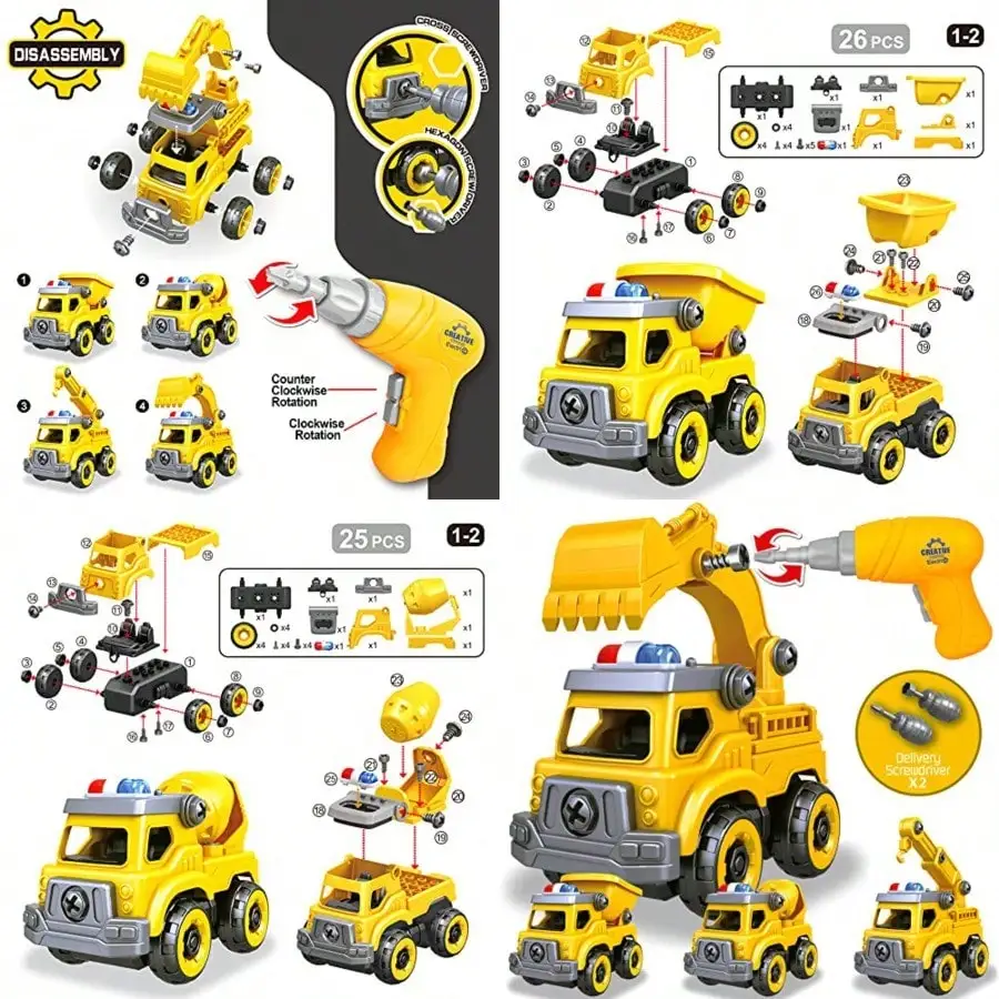 

4-in-1 Take Apart Car Toys, DIY Engineering Construction Truck STEM Educational Toy 3-8