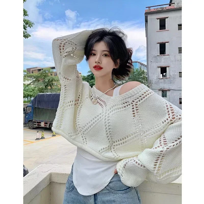 

Hollow Out Argyle New Trendy Slash Neck Casual Hot Girls Newly Fashion Off Shoulder Pullovers Women Simple Fall Chic Loose Solid