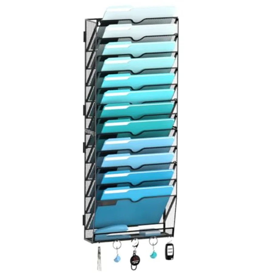

13 Tier Wall File Organizer - Hanging File Organizer with 5 Hooks Mail Holder Wall Mounted for Papers Folders Magazines Bills O