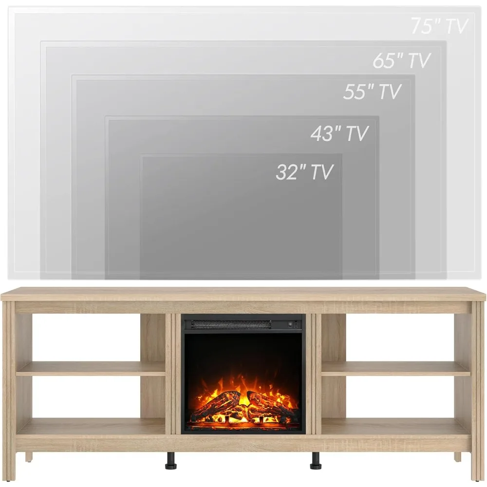 Fireplace TV Stand for 75 Inch TV Entertainment Center, Farmhouse Electric Fire Place Wood TV Console Table Cabinet with 4