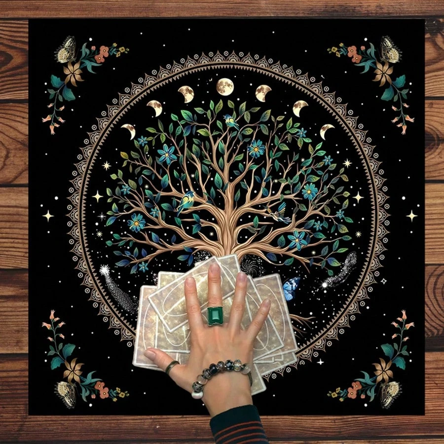 1PC Exquisite Tree Of Life Tarot Tablecloth, Colorful Polyester Altar Mat, Celestial Floral Design For Tarot Reading, Witchcraft